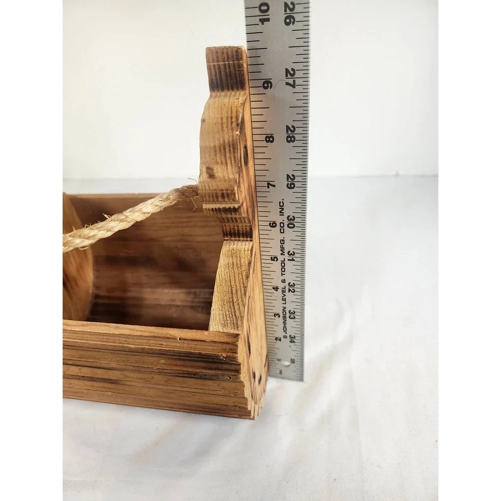 Vintage Wooden Folk Art Cat Basket Rope Handle Rustic Handcrafted Decor 8.5in
